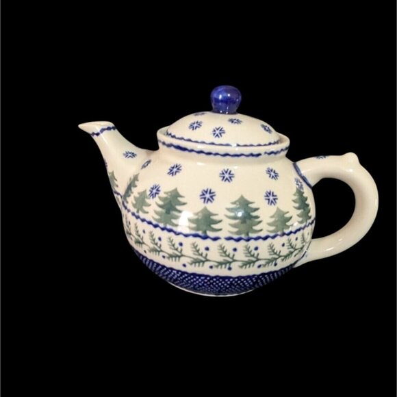 Boleslavies Polish Pottery Winter Moose Teapot Handmade Tree Evergreen Design - Picture 1 of 11